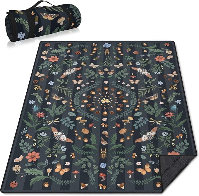 Mushroom Picnic Blankets Waterproof Foldable, 60″X80″ Packable Picnic Mat Insect Outdoor Blanket for Grass, Boho Large Beach Blanket Sandproof Picnic Accessories for Camping Music Festival Park Lawn