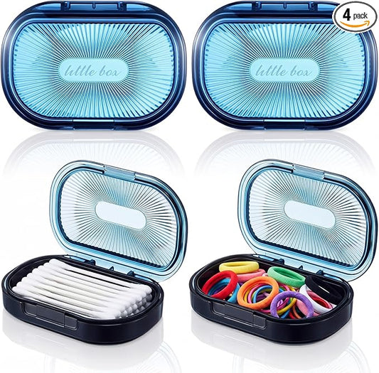 Kigley 4 Pcs Hair Tie Container Small Portable Travel Cotton Swab Holder Dispenser with Lid Plastic Box Storage Containers for Small Items, 3.94 x 2.76 Inch (Blue)