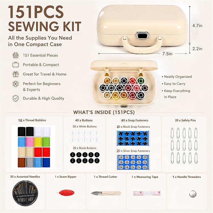 FKOG Retro Green Sewing Project Kit, 151 Pcs Sewing Kit with Portable Retro Hard-Shell Case, 18 Multicolor Thread Spools, Needles, Buttons, and Accessories (Used Green)