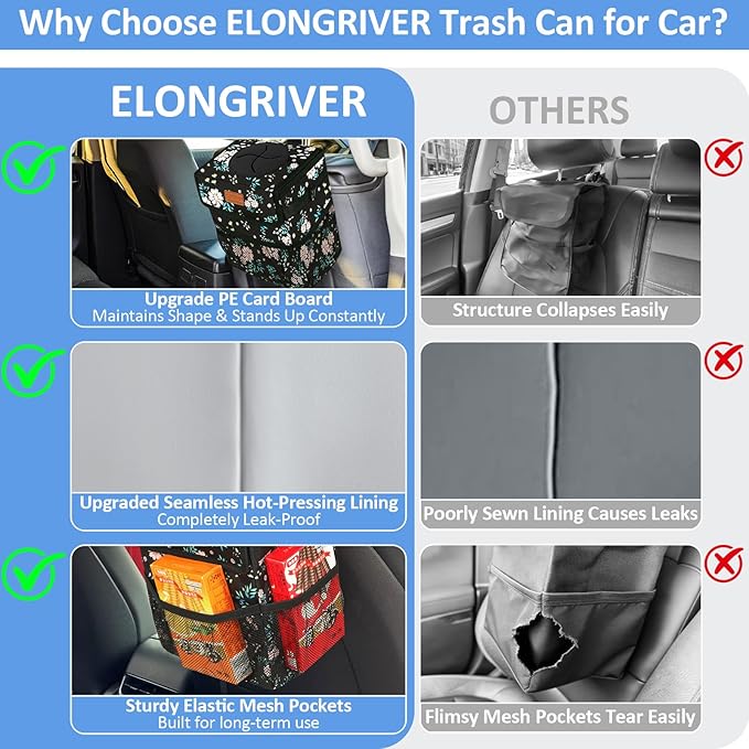 ELONGRIVER Car Trash Can Bin for Back Seat Leak Proof, Cute Car Trash Bag Hanging, Vehicle Trash Can for SUV Truck Van, Automotive Garbage Cans Front Seat Colorful Floral
