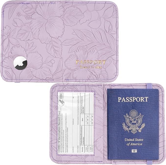 lizimandu Passport Holder with Airtag Slot, Airtag Passport Wallet for Men Women, Slim Leather Passport Holder Case Family for Travel Anti-Lost(1-Carved Purple)