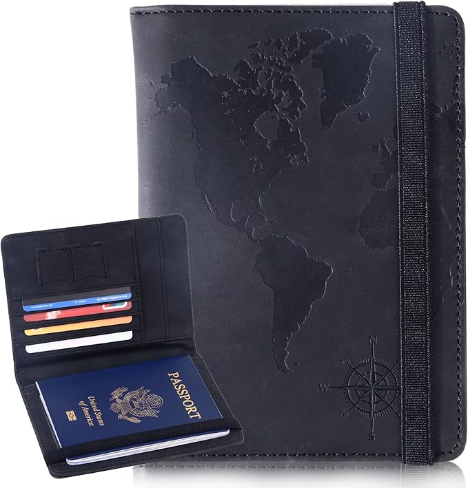 Passport Holder and Card Slot Combo RFID Blocking Leather Personalized Travel Passport Wallet for Men and Women US Passport Cover Protector (Map black)