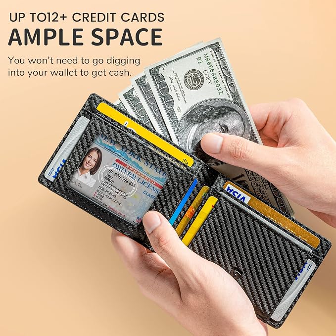 GSOIAX Slim Wallet for Men Rfid Blocking Leather Bifold Front Pocket Carbon Fiber Men's Money Clips Credit Card Holder With Gift Box