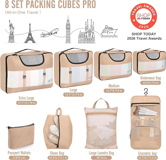 Veken 8 Set Packing Cubes for Travel Essentials,Anti-Wrinkle Buckled Suitcase Organizer for Shoe & Toiletry Bag,Carry On Luggage Bag for Airplane & College Dorm Room Accessories,Women Men Gifts
