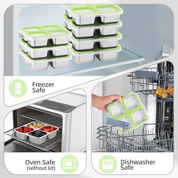 BEFOY 4 Pack Stainless Steel Snack Containers with Lids 4 Compartment Food Storage Containers for Adults & Kids Meal Prep Containers Reusablele (Green, 2)