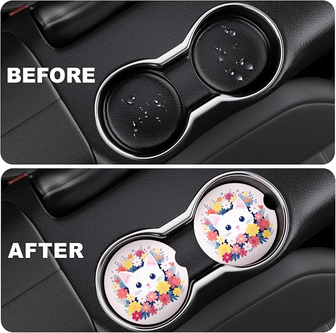 2 Pack Car Cup Holder Coasters, 2.63 inch Anti Slip Insert Absorbent Ceramic Coasters with Cork Base and Finger Notch, Cute Car Accessories Interior for Women