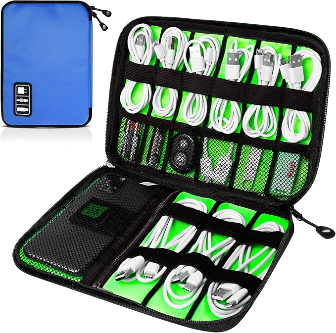 Cord Organizer Travel, Electronics Organizer Tech Pouch - Portable Cable Organizer Bag for Cords, Charger, Phone, SD Card, Power Bank for Travel & Daily Use -Royal Blue Green