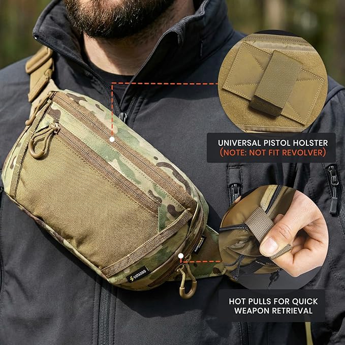 Tactical CCW Fanny Bag, Concealed Carry Fanny Pack w/Adjustable Waist Belt Tactical Waist Bag Handgun Pouch with Universal Pistol Holster, Everyday Hip Pack (Multicam)