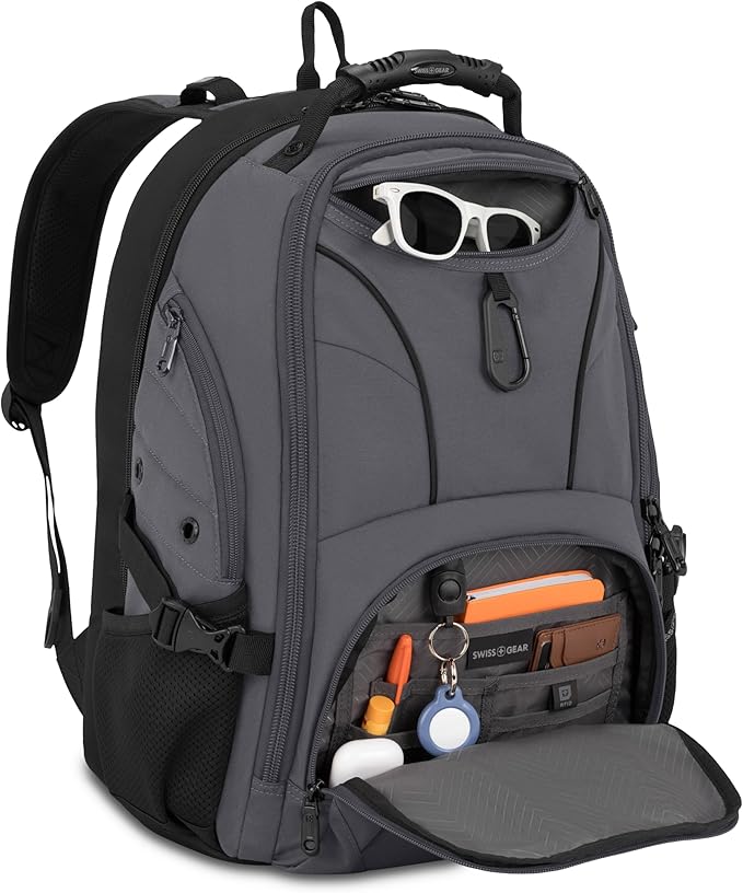 SWISSGEAR Sion 2-Piece Travel Set, Softside Expandable Carry-On Spinner Bundled with 1900 ScanSmart 17" Laptop Backpack with RFID Blocking & Tech Organization, Dark Grey