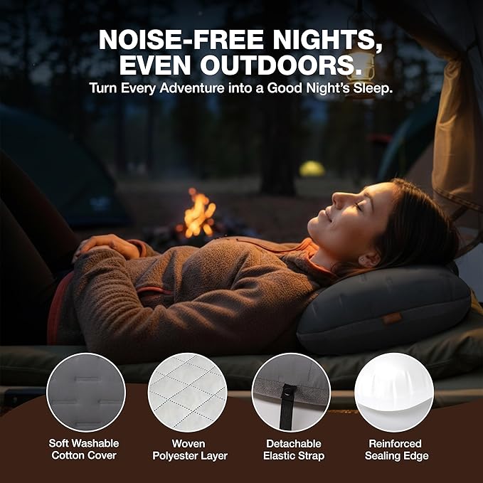 Inflatable Camping Pillow - Ultralight Compact Air Pillow for Travel, Backpacking & Hiking - Ergonomic Neck & Lumbar Support - Portable Inflatable Pillow with Removable Washable Cover - (Grey 2 Pack)
