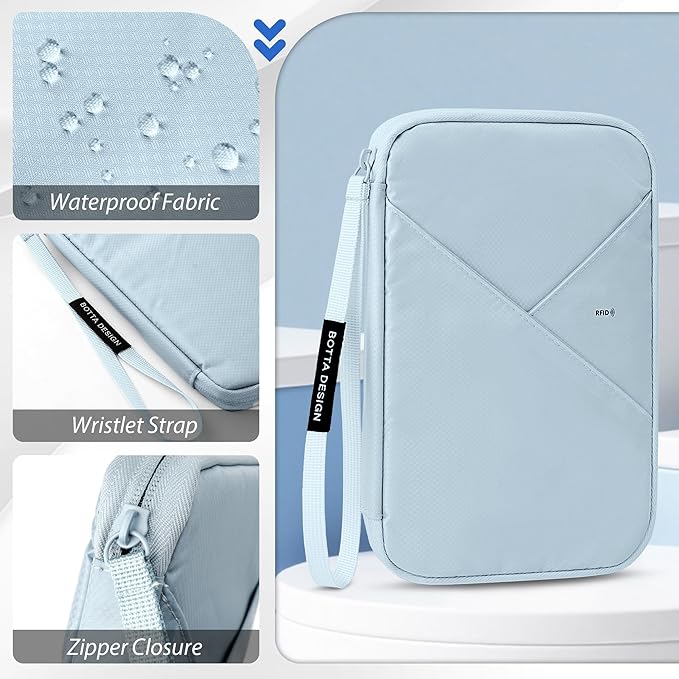 Veki Passport Holder for Travel Women Family, Passport Wallet Bag, RFID Travel Document Organizer, Waterproof Passport Holder for Men, Portable Case for Cards, Cash, Tickets, ID (Blue Gray, L)