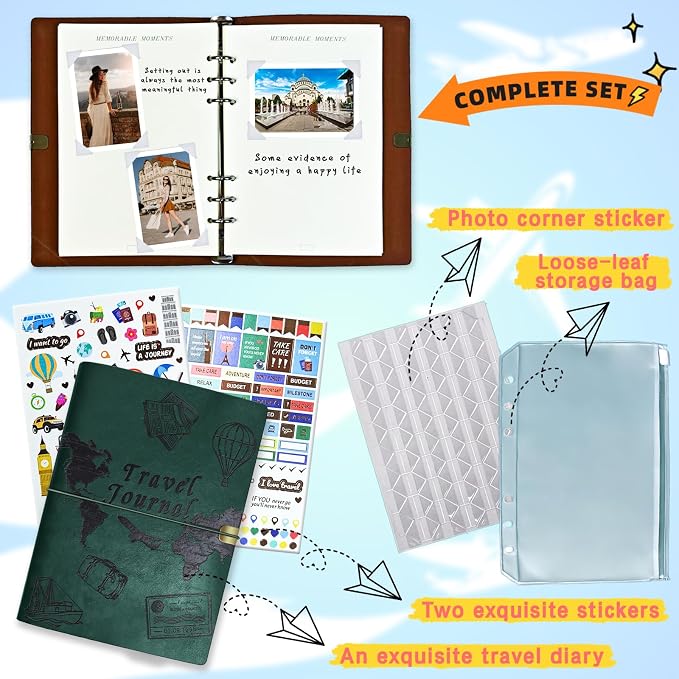 Travel Journal for Women Men and Couples, Leather Travel Notebook with Prompts, Travel Memory Book & Adventure Book (Green)