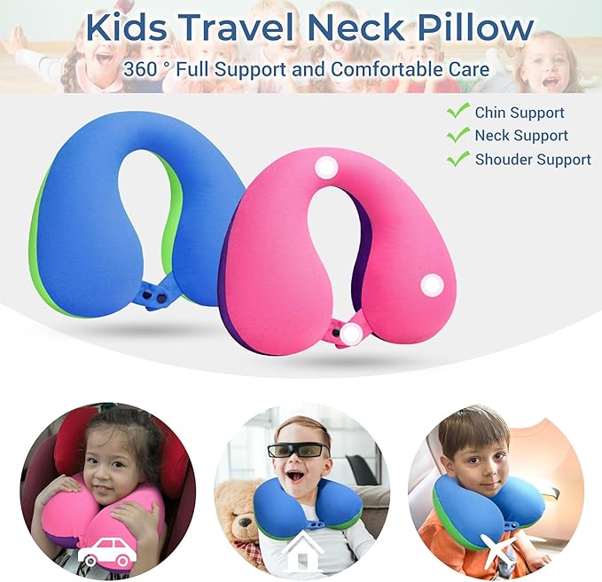 COOLBEBE Kids Travel Neck Pillow 2PCS Softly Headrest Travel Pillow for Car & Airplane, Traveling Gifts for Toddler & Children (Bluish Green & Pinkish Purple)