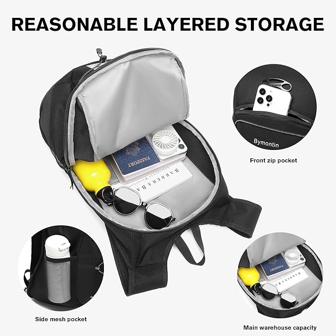 Ultra-Light Soft Daypack 15L/20L, Cushioned Breathable Back Panel Backpack, Lightweight Packable Travel Backpack (Black, 15L)