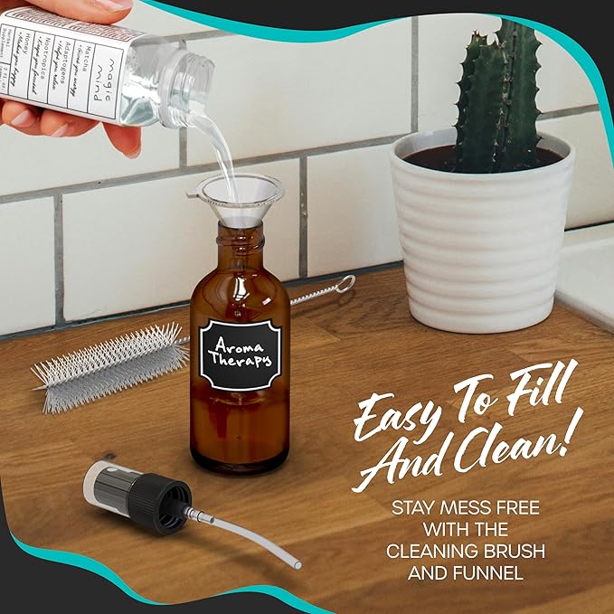 Nevlers Small Spray Bottle 2 Oz 48 Pack | Amber Glass Spray Bottles for Cleaning, Oils, Perfume Alcohol & More | Mist Bottle Set w/Shrink Wrap, Funnel, Brush, Labels & Marker | Small Glass Bottles