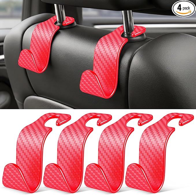 SINGARO Universal 4 Pack Car Seat Headrest Purse Hook, Carbon Fiber Back Seat Hook Storage Organizer Hanger for Purse Handbag Coat, Car Interior Accessories(Red)