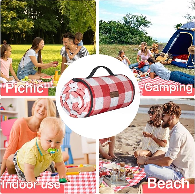 HX&OD Outdoor Picnic Blanket, Extra Large, 80''x80'' Waterproof Foldable Blankets Gingham Picnic Mat for Beach, Camping Grass Lawn Park Accessories Cute Couple Ideas Wedding (Red, 80”x80”)
