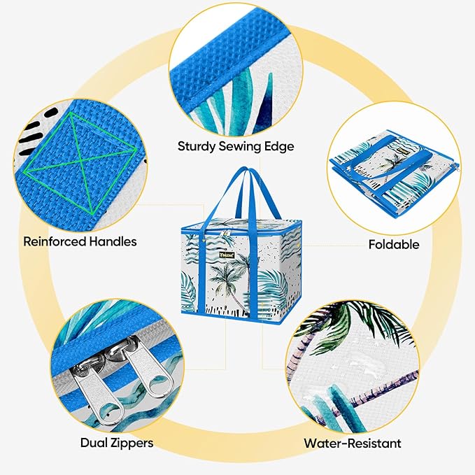 BALEINE 1Pk Insulated Reusable Grocery Bags, Foldable Shopping Bags for Groceries with Reinforced Bottom & Handles (Island Breeze)