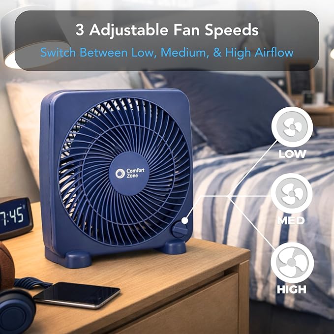Comfort Zone 9-inch Portable Box Fan – Compact Desktop Cooling Fan with 3-Speeds, Quiet Operation, Built-in Carry Handle & Safety Grill – ETL Listed for Home, Office, or Dorm – Blue