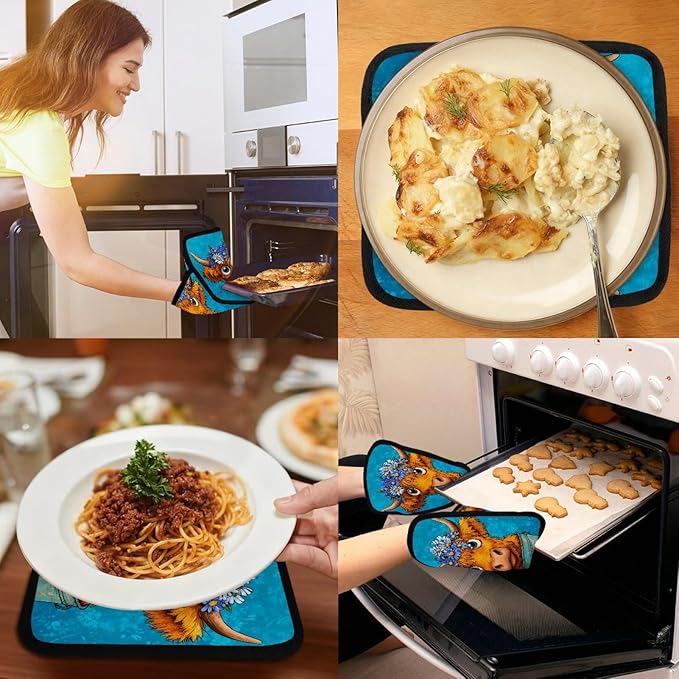 Highland Cows and Vintage Blue Pot Holders with Pockets 2 PCS, Heat Resistant Oven Mitts Hot Pads for Kitchen Baking Cooking, Square Thick Pot Holders Kitchen Hot Potholders, 8.5x10 Inches