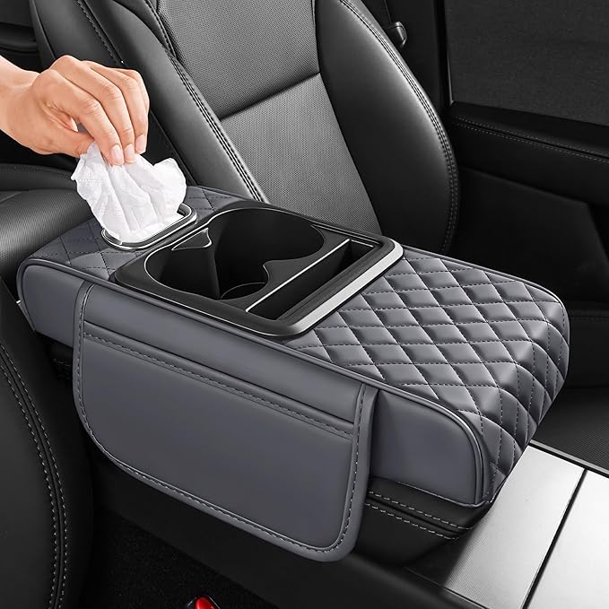 5 in 1 Car Center Console Cover, Armrest Pad with 2 Storage Pockets, Cup Holder, Tissue Slot, Phone Holder, Nappa Leather Memory Foam Car Accessories for SUV Sedan Truck (Gray)