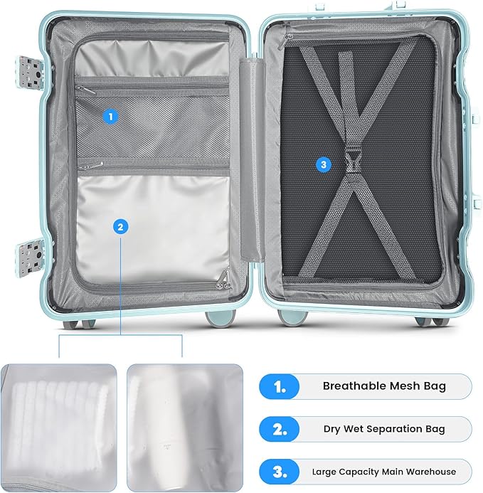 20 Inch Carry on Luggage with Cup Holder, Airline Approved 22x14x9 Aluminum Frame PC Hard Shell Suitcase, 360° Spinner Wheels, TSA Lock for Short Trips and Business Travel