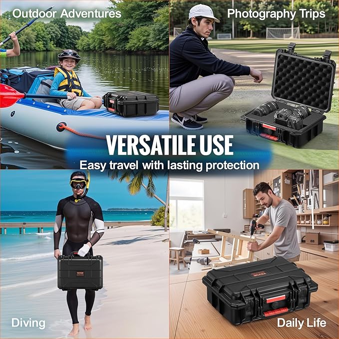VEVOR Weatherproof Hard Case, Heavy Duty Protective Dry Box with Pre-cut Foam, Retractable Pull Handles for Travel, Hunting, Military, Tactical, IP67 Waterproof Case for Cameras(14.96x11.81x5.51)
