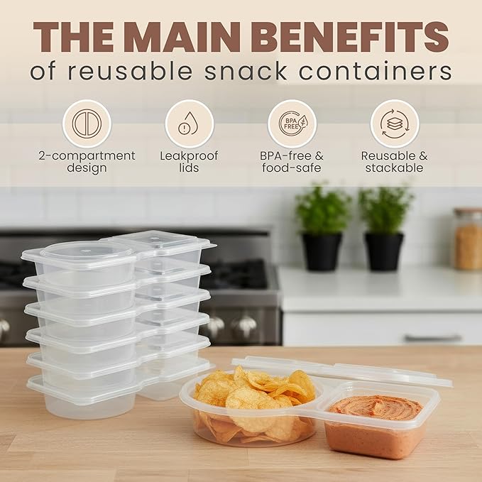 Reusable Snack Containers with Lids 30 Pack – 2 Compartment Portion Control Food Storage Boxes, Leakproof Snack Tray, Stackable Containers for Travel, Office & Home (30)