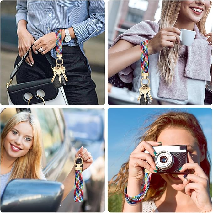Fishent Stretchy Wristlet Keychain, Cute Key Chain, Woven Wrist Lanyard for Car Keys with 3 Keyrings and D-ring for Women Men