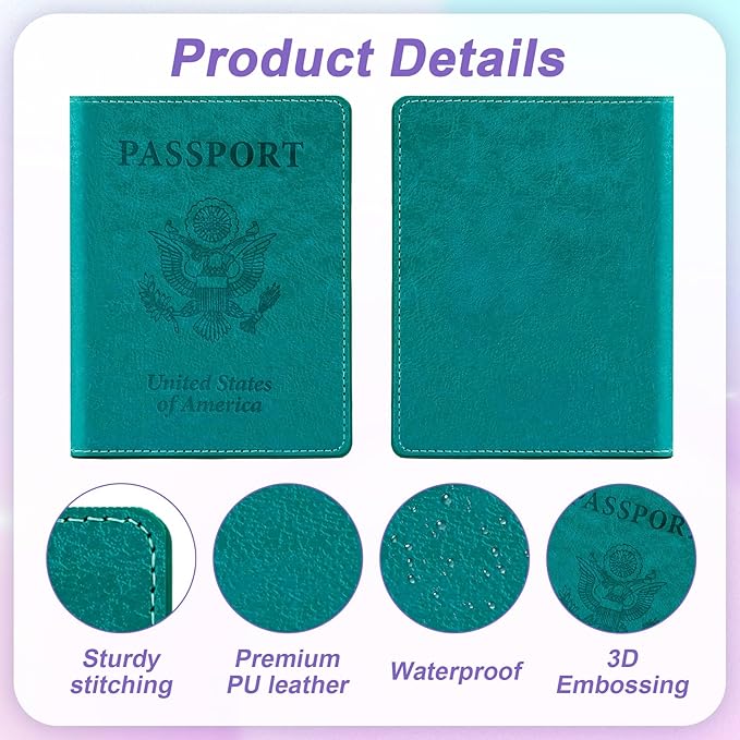 Passport Holder for Travel, 2 PCS Passport Holder, Travel Passport Holders Must Haves for Women Men, Passport Cover Passport Wallet Case Holders for Travels Cruise Ship Essentials, Purple & Lake Blue