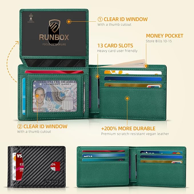 RUNBOX Wallet for Men -Slim Rfid Leather Mens Bifold Novelty Wallets 2 ID Window With Gift Box Men's Accessories | Slim