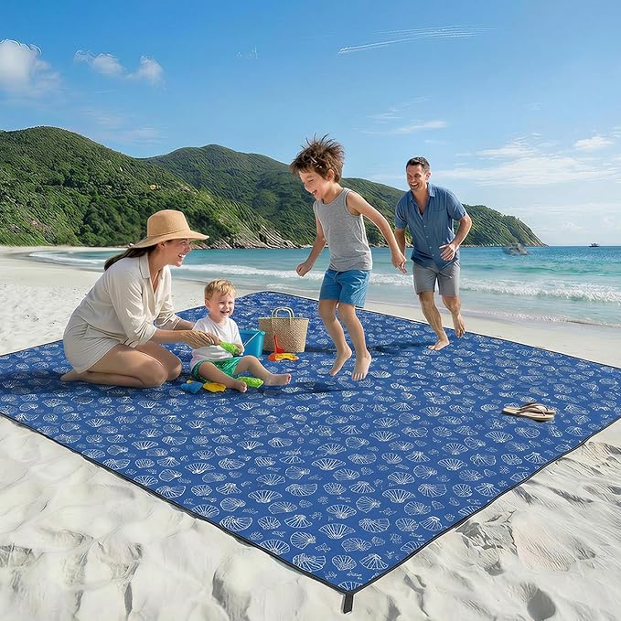 OIGAE 7x7ft Sandproof Beach Blanket - Large Waterproof Picnic Mat for 3-4 People, Lightweight Sand Free Mat for Summer Vacation with 6 Stakes & 4 Corner Pockets for Beach, Camping, Festivals