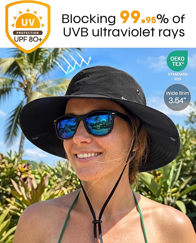 FURTALK Sun Hats for Women Ponytail UPF 80+ Beach Summer Hat Wide Brim Packable Cowboy Hat