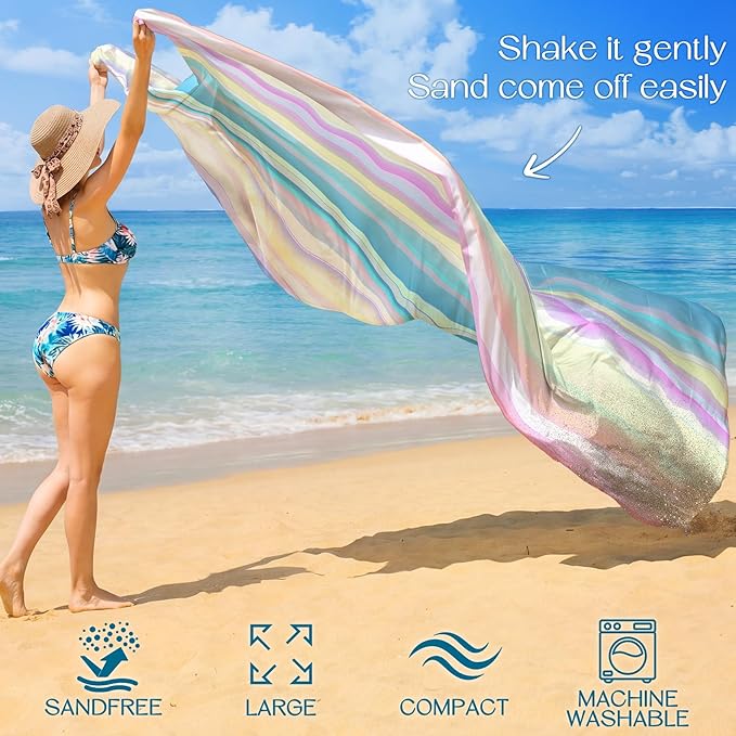 BYDOLL Beach Blanket Waterproof Sandproof Large Sand Free,78''X81''/10'X9' Oversized Sandless Lightweight Blanket Picnic Mat for Beach Travel Camping Hiking with Stakes