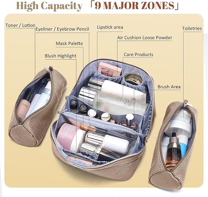 BOYATU Travel Makeup Bags for Women: Vintage Roman Column Texture Large Capacity Cosmetic Bag - Each Journey, Quiet Luxury Serenity - 3 Pcs Set Organizer Toiletry Purse 50% Extra Storage(Beige)