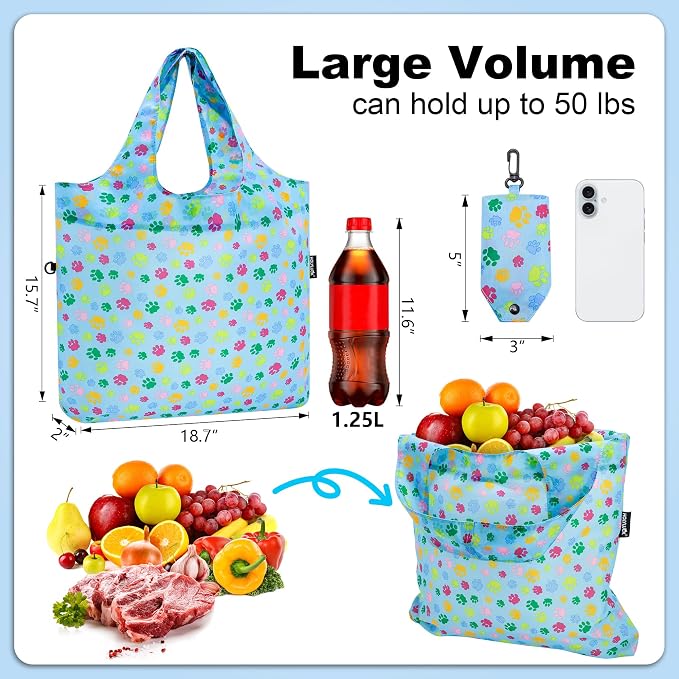 HOLYLUCK Reusable Grocery Bags,Heavy Duty Foldable Shopping Tote Bag (Standard, 3 Blue Dog Paw Prints)