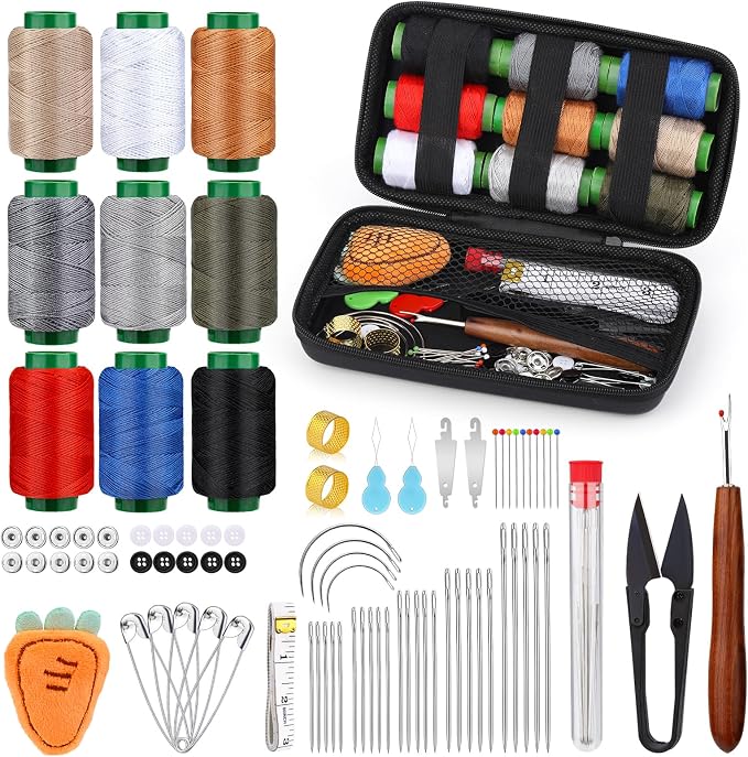 TLKKUE Sewing Kit, Travel Sewing Kit with Upholstery Threads, Hand Sewing Needles Curved Needle Seam Ripper, Needle and Thread Kit for Sewing Repair Clothing DIY (9 Colors Thread)