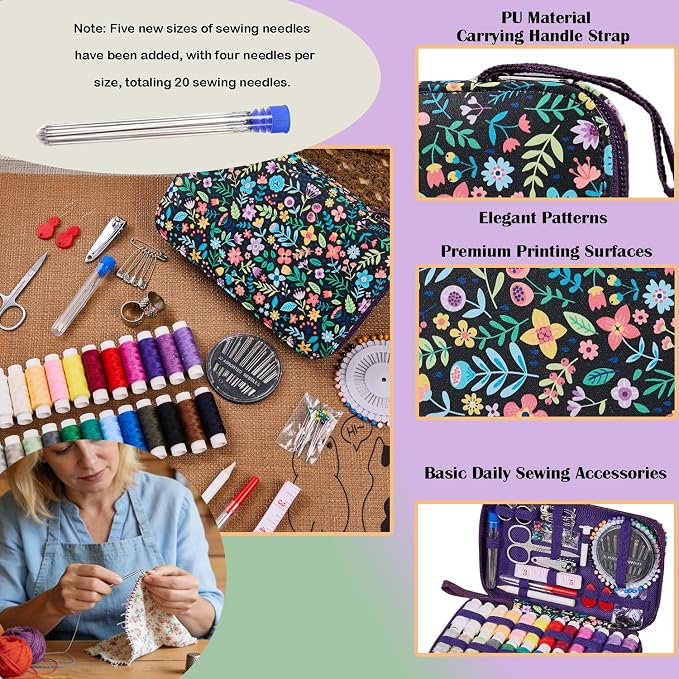 Bobode 130PCS Travel Hand Sewing Kit with Needle and Thread Set | Printing Floral Pattern Sewing Kit,Professional Basic Sewing Supplies for Adults,Emergency and Home Beginners