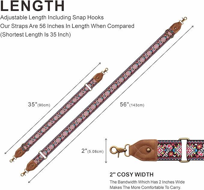 Nefelibata Purse Strap-2"Crazy Horse Leather Bag Strap Adjustable Replacement,Retro Jacquard Embroidery Crossbody Straps