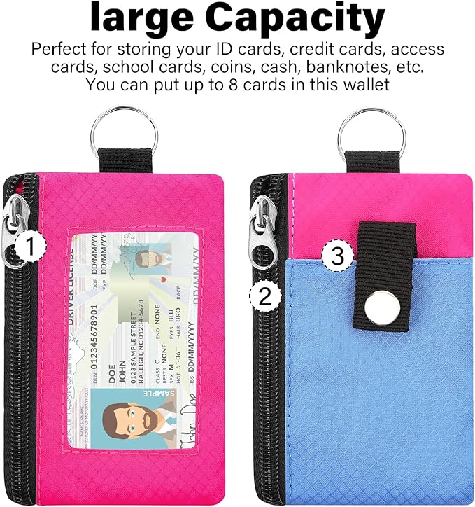 Minimalist Small Wallet for Men Women with 2 Zip Pockets, Multi Functional ID Case with Keychain and Card Holder, Coin Purse Badge Lanyard Pouch for Boys Girls Travel -LightBlue+Rose