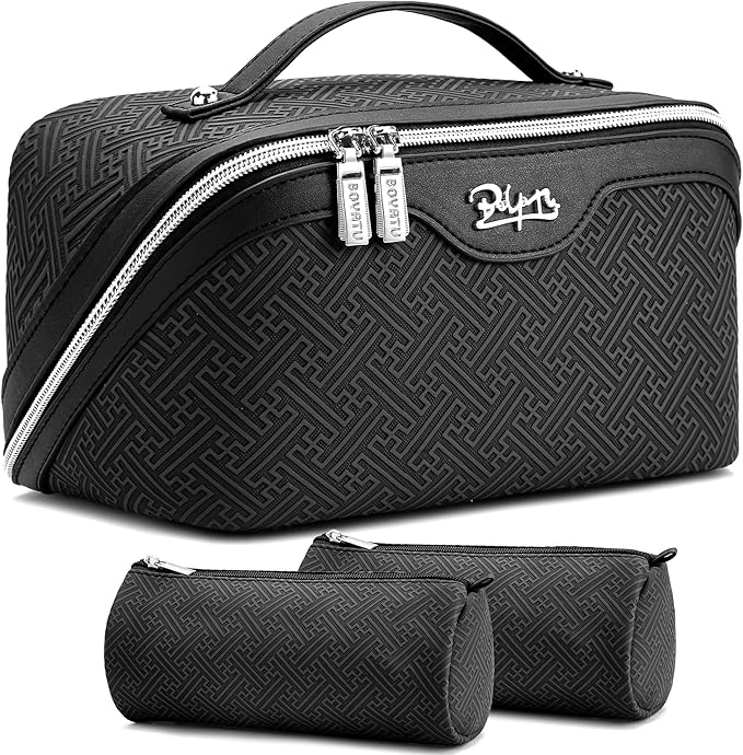 BOYATU Travel Makeup Bags for Women: Vintage Roman Column Texture Large Capacity Cosmetic Bag - Each Journey, Quiet Luxury Serenity - 3 Pcs Set Organizer Toiletry Purse 50% Extra Storage(Black)