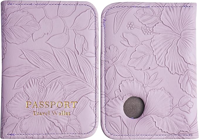 lizimandu Passport Holder with Airtag Slot, Airtag Passport Wallet for Men Women, Slim Leather Passport Holder Case Family for Travel Anti-Lost(1-Carved Purple)
