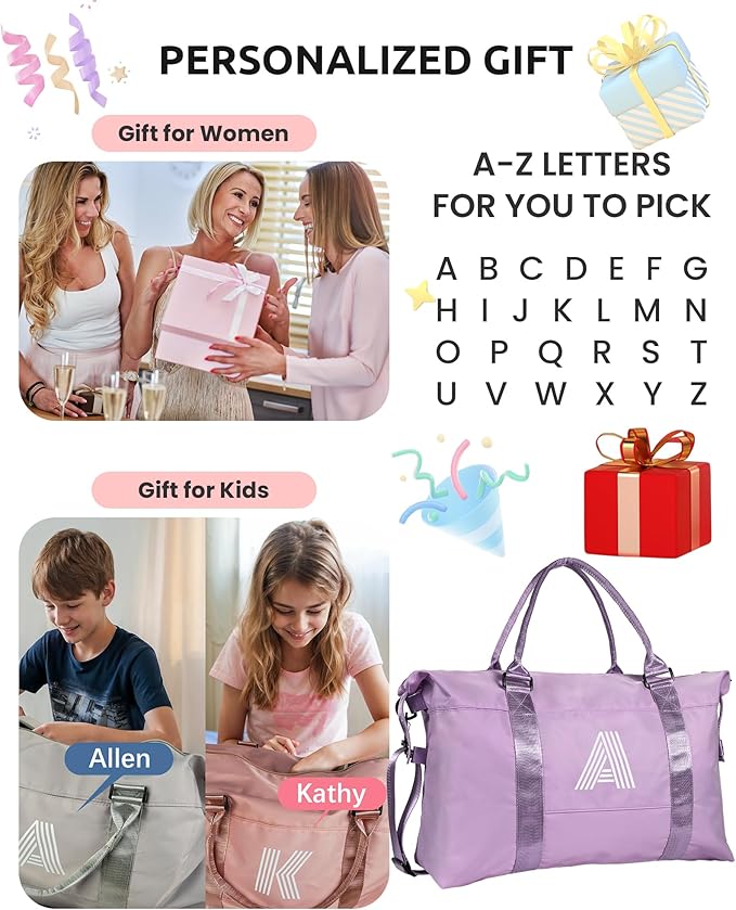 Initial Travel Duffel Bag, Sports Gym Bag, Personalized Weekender Bag with Shoulder Strap, Graduation Gift Monogram Overnight Bag for Women with Trolley Sleeve & Wet Pocket, J, Purple