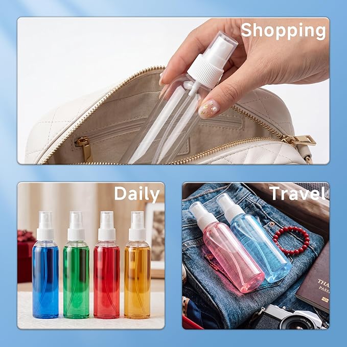 TRENDBOX 4oz Travel Size Spray Bottles, 48Pack Fine Mist Small Empty Plastic Spray Bottle, Leak Proof BPA-Free Travel Essentials Cosmetic Containers