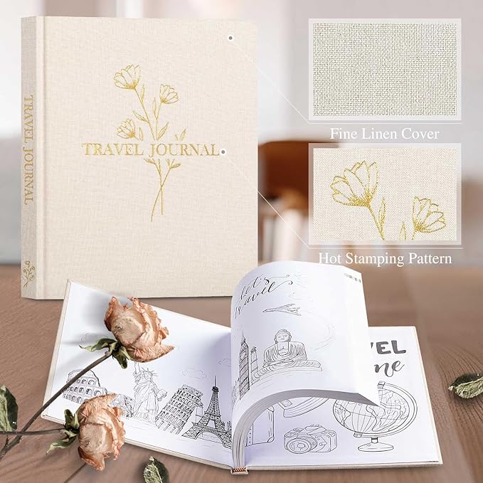 Lanpn Travel Photo Journal Notebook for Women Men, Linen Travel Log Diary Scrapbook Memory Book with Prompts, Anniversary Journals Traveling Gifts (Beige, 110 Pages)