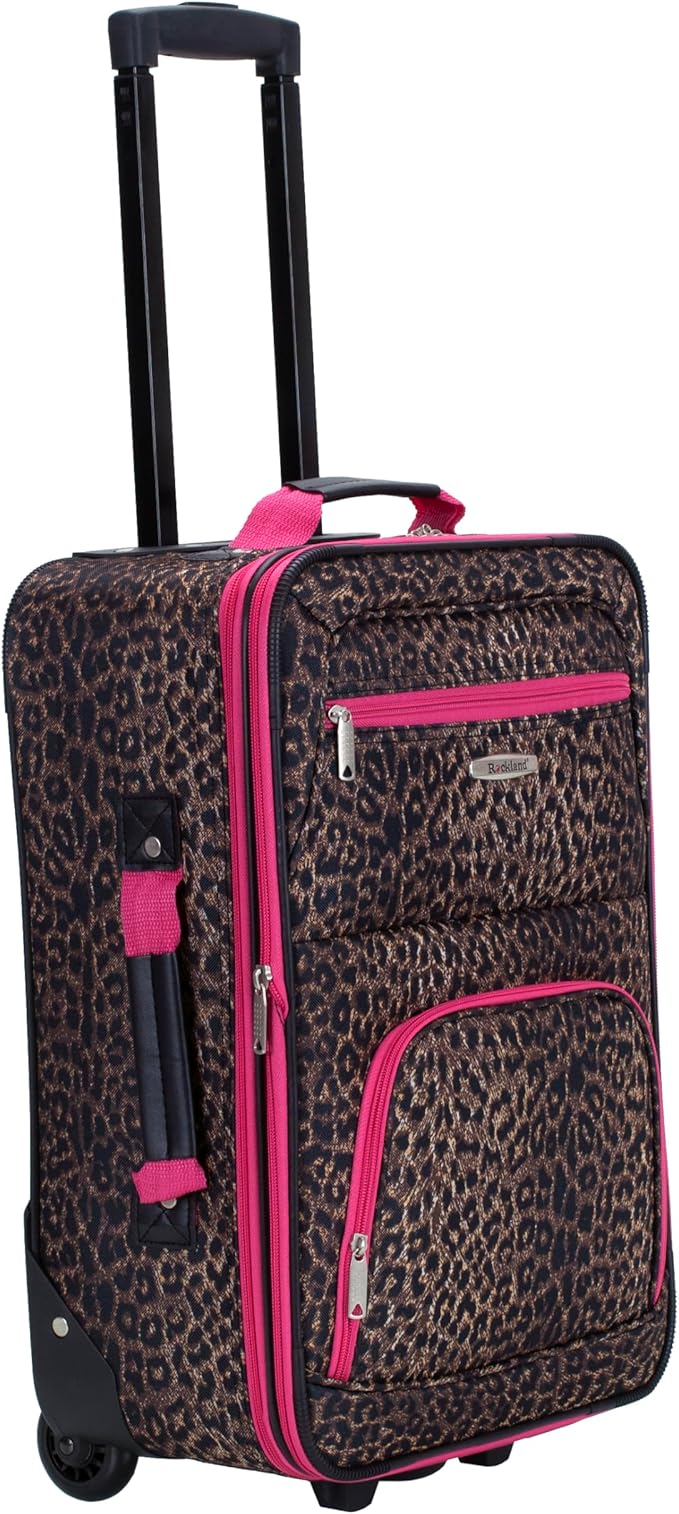 Rockland Fashion Softside 2 Piece Luggage Set, Expandable, (14" Tote/19" Upright), Pink Leopard