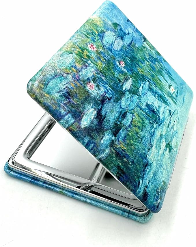 Small Handbag Monet Compact Mirror - Folding Pu Leather, Unique Water Lilies Travel Mirror for Sister