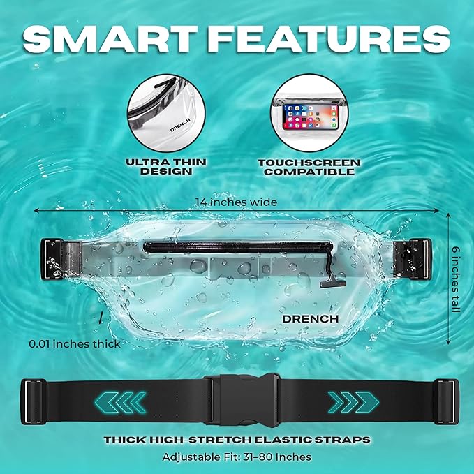 DRENCH 100% Waterproof Clear Bag | Touchscreen Waterproof Fanny Pack Crossbody Phone Case, IPX8 Underwater Pouch for Swimming, Beach, Concerts & Stadium Events | Fits iPhone 15 Pro Max | iPhone