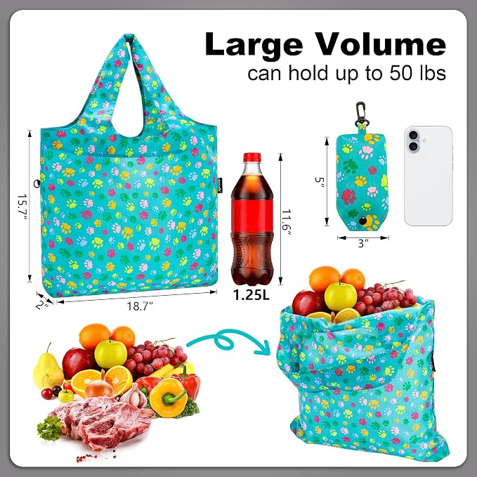 HOLYLUCK Reusable Grocery Bags,Heavy Duty Foldable Shopping Tote Bag (Standard, Multi Dog Paw Prints)