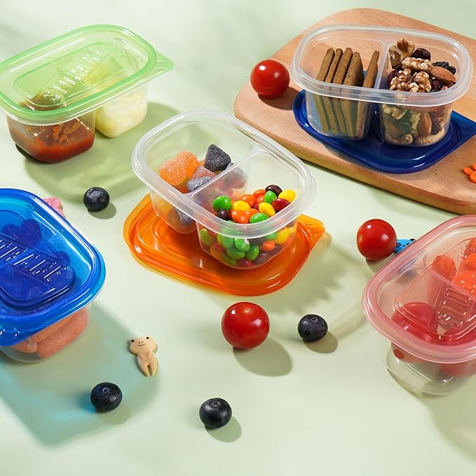 ALFEVA 20Pcs Reusable Snack Containers with Lids Portion Control, Camping Essentials,Meal Prep Containers for Kids Adults, 10 Forks, Double Compartment Snack Containers for Travel (4 Color)